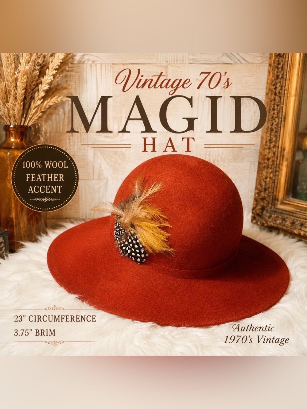 Magid Rust Wide-Brim Wool Fedora with Feather Trim
